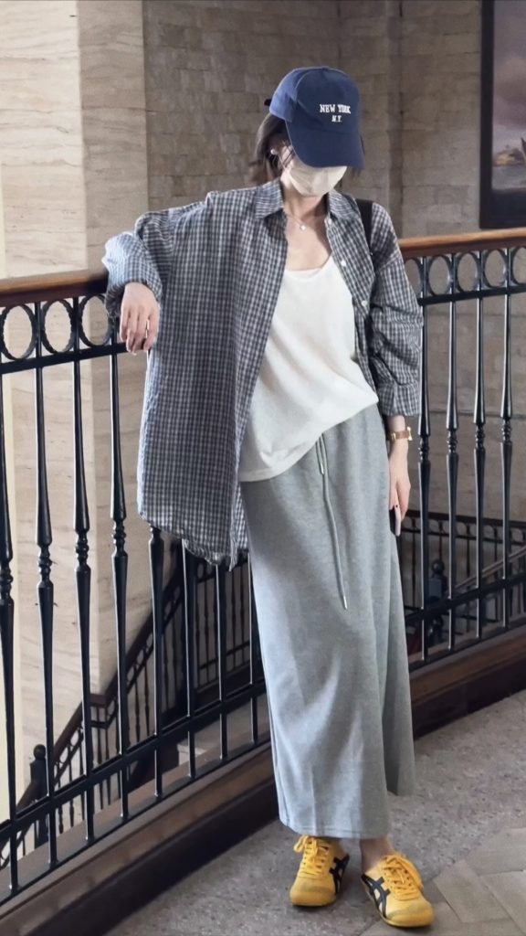 Early Autumn Simple Vest with Sporty Skirt and Plaid Shirt Set