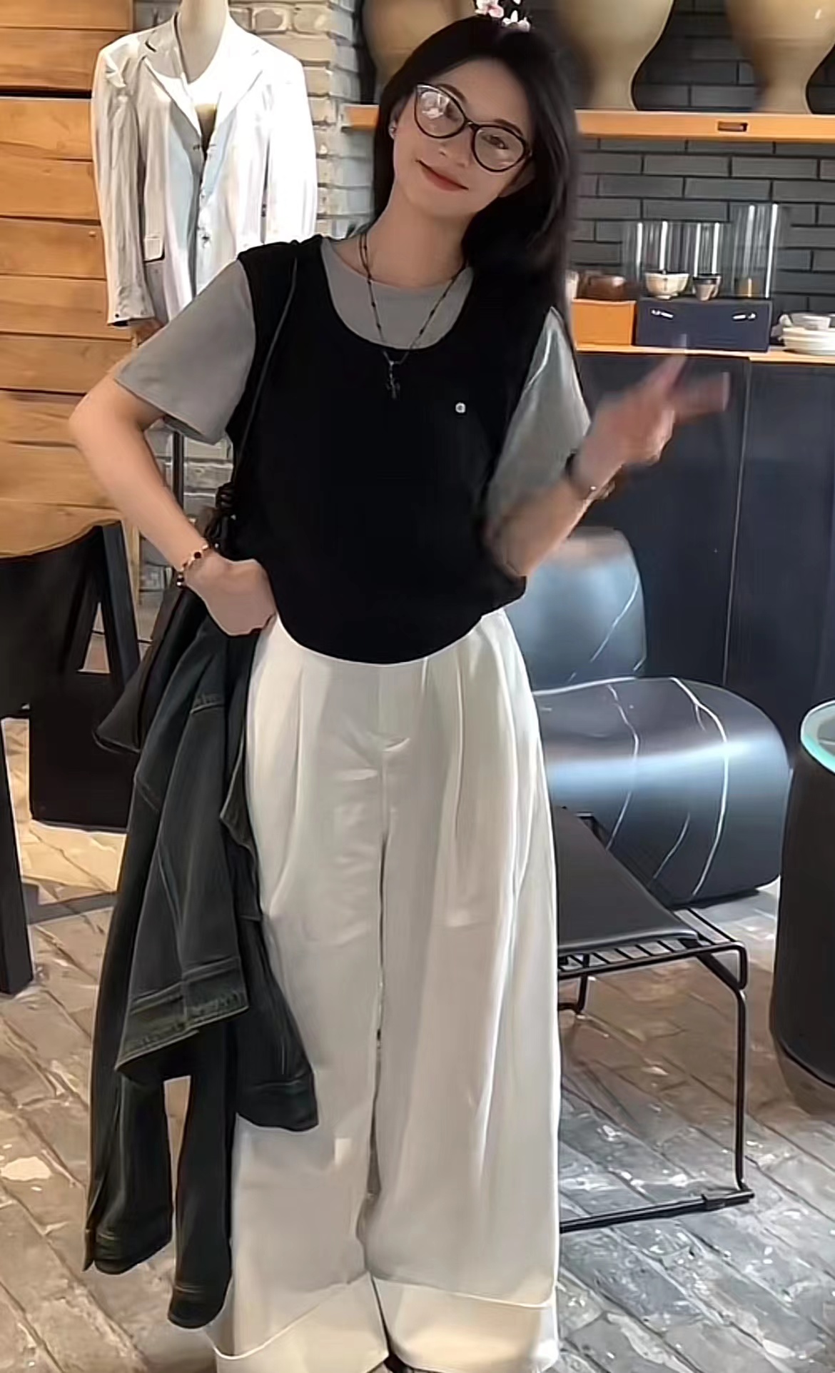 Douyin Hot Thick Two-Piece Top and Wide-Leg Pants Set