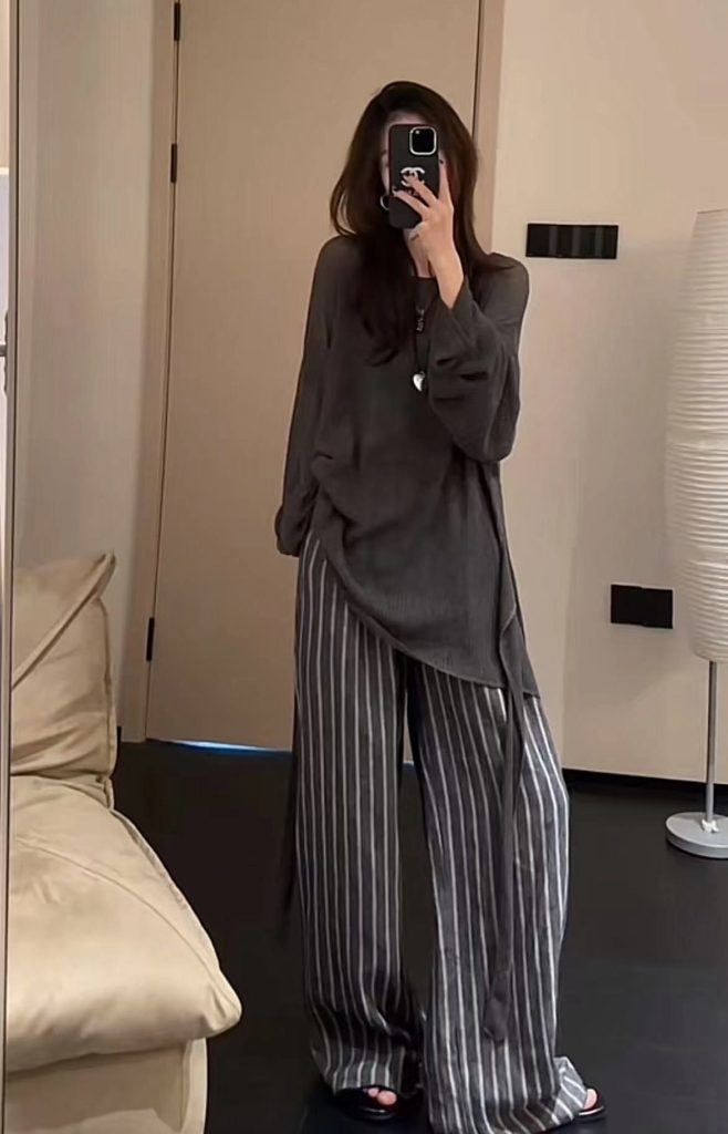 Early Autumn Lazy Style Loose Knit Sweater and Striped Pants Set