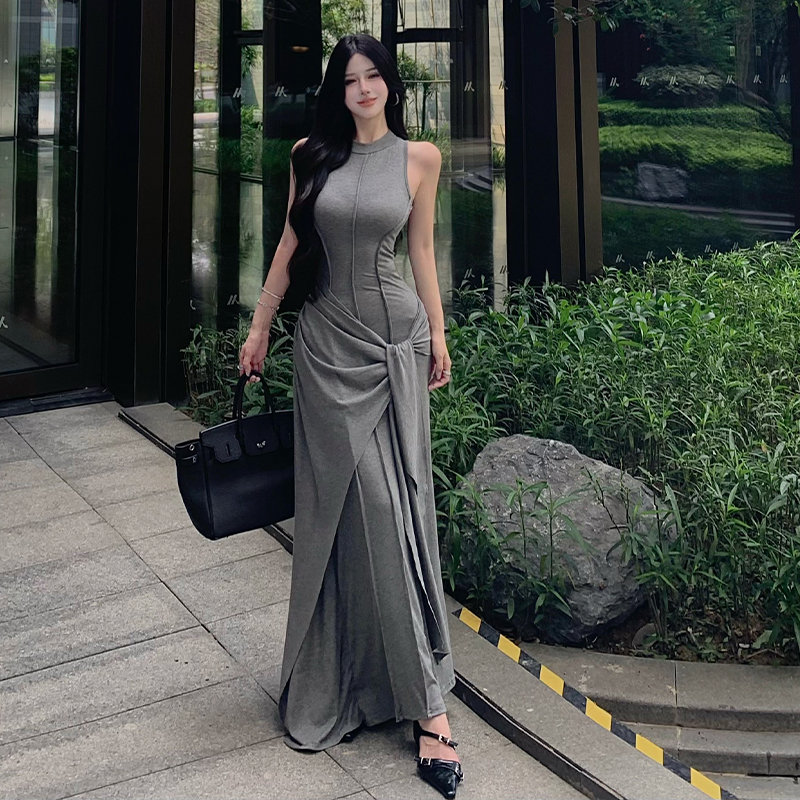 Gray Modal Tank Dress Women Summer Faux Two Piece Bodycon Long Dress