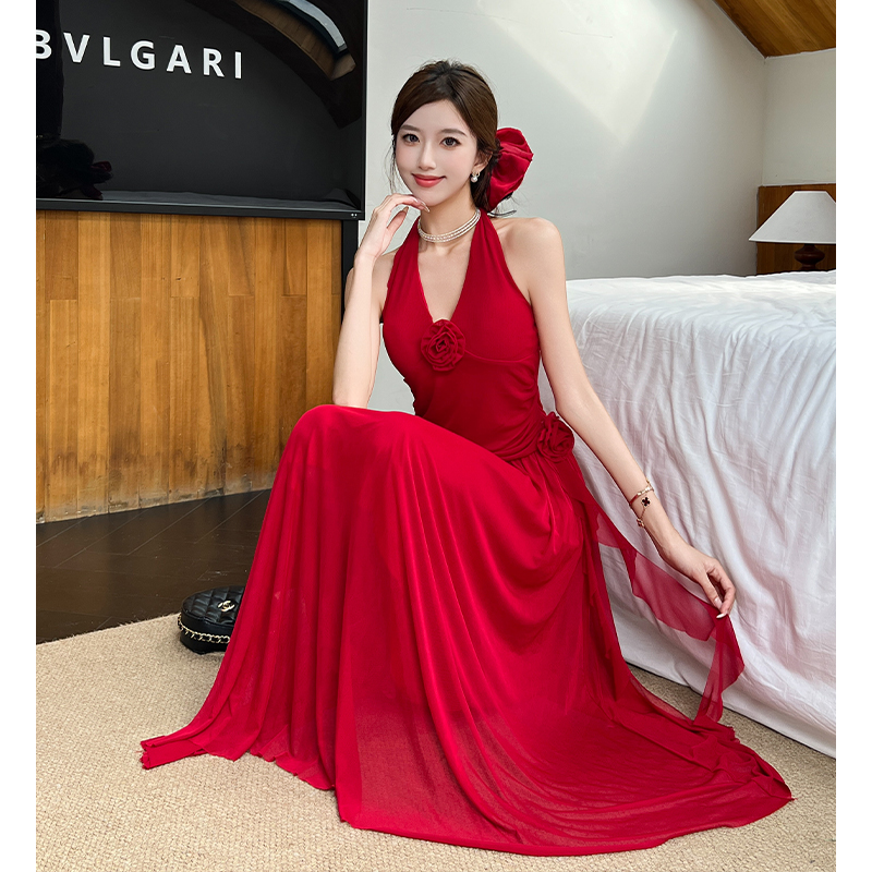 French Hepburn Style Red Halter Dress Women Sleeveless V Neck Mesh Flower Backless Waist Slimming Midi Dress