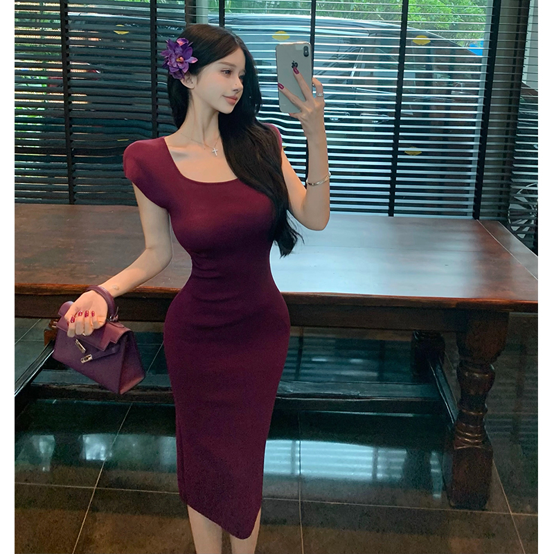 Purple Ice Silk Knit Bodycon Dress with Cinched Waist French Style Slim Midi Dress Summer