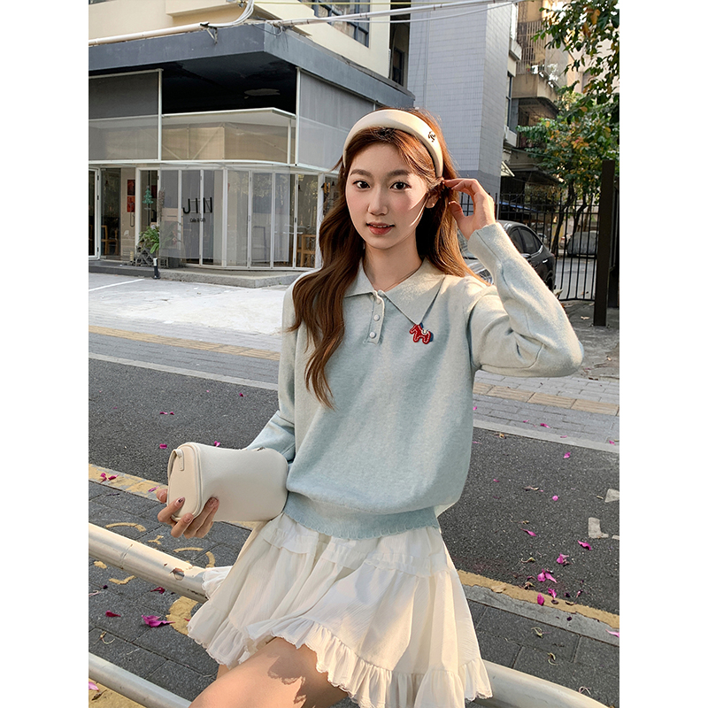 Korean Style Embroidered Polo Neck Knit Sweater for Women 2026 Early Spring Loose Slimming Base Top - Style 6de764