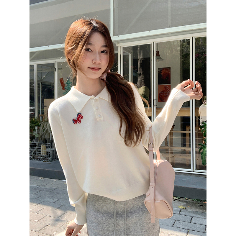 Korean Style Embroidered Polo Neck Knit Sweater for Women 2026 Early Spring Loose Slimming Base Top - Style 6de7af