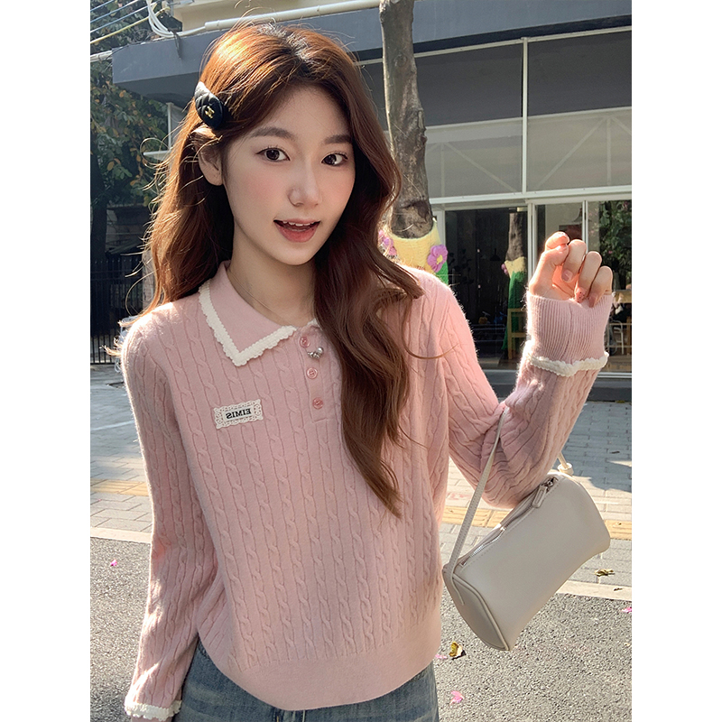 Korean Lace Trim Polo Collar Cable Knit Sweater Women 2026 Loose Slimming Base Layer Top