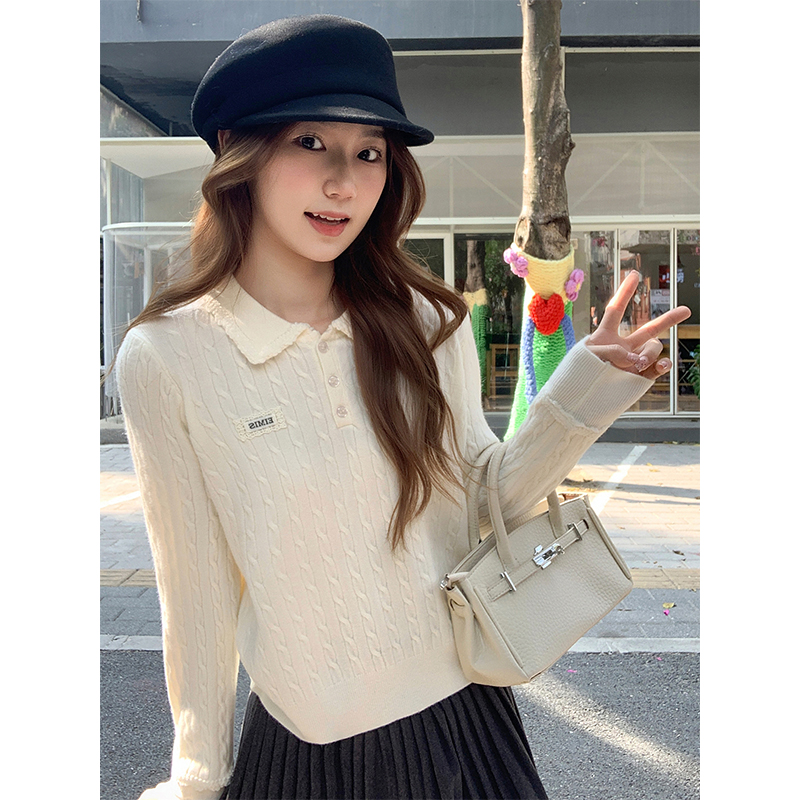 Korean Lace Trim Polo Collar Cable Knit Sweater for Women 2026 Loose Slimming Base Layer Top