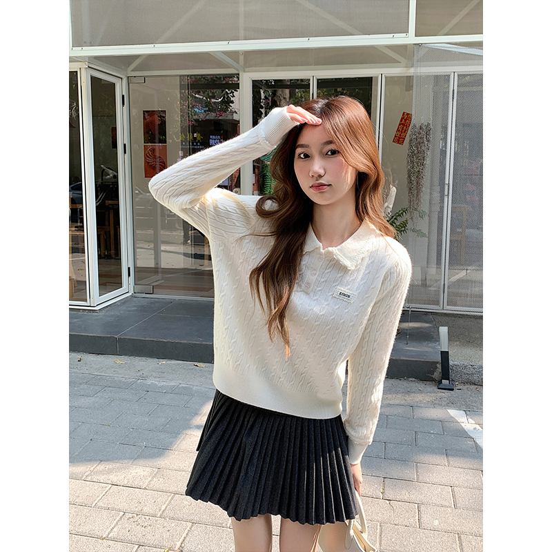 Korean Lace Trim Polo Collar Cable Knit Sweater for Women 2026 Loose Slimming Base Layer Top - Image 5