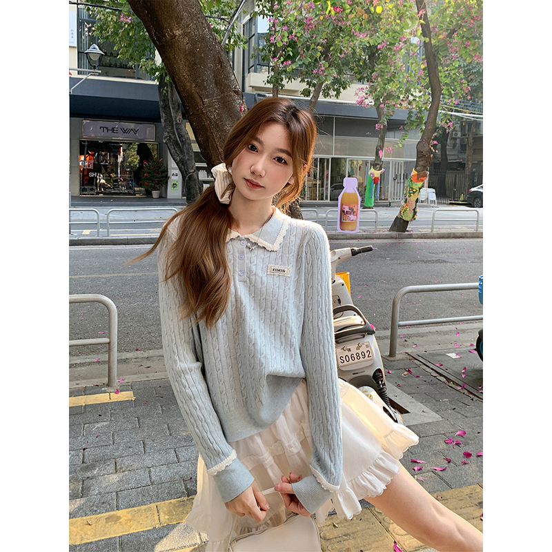 Korean Lace Trim Polo Collar Cable Knit Sweater for Women 2026 Loose Slimming Base Layer Top - Image 3