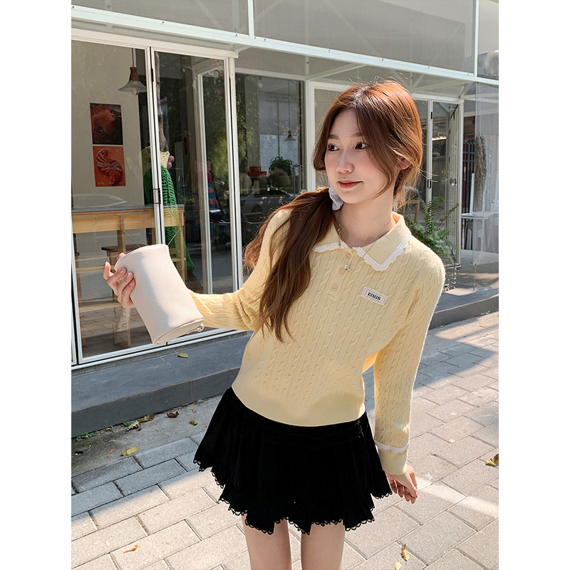 Korean Lace Trim Polo Collar Cable Knit Sweater for Women 2026 Loose Slimming Base Layer Top - Image 4