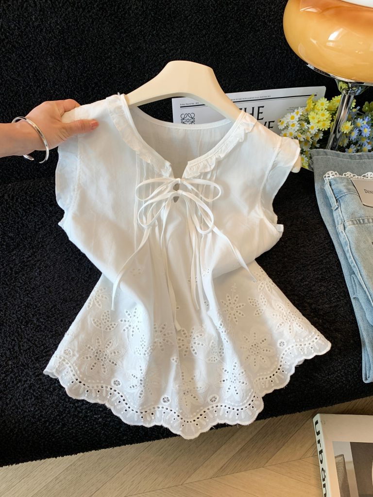 French Hollow Embroidered Lace-Up Bow Flutter Sleeve Shirt for Women Summer 2026 New Sweet White Top