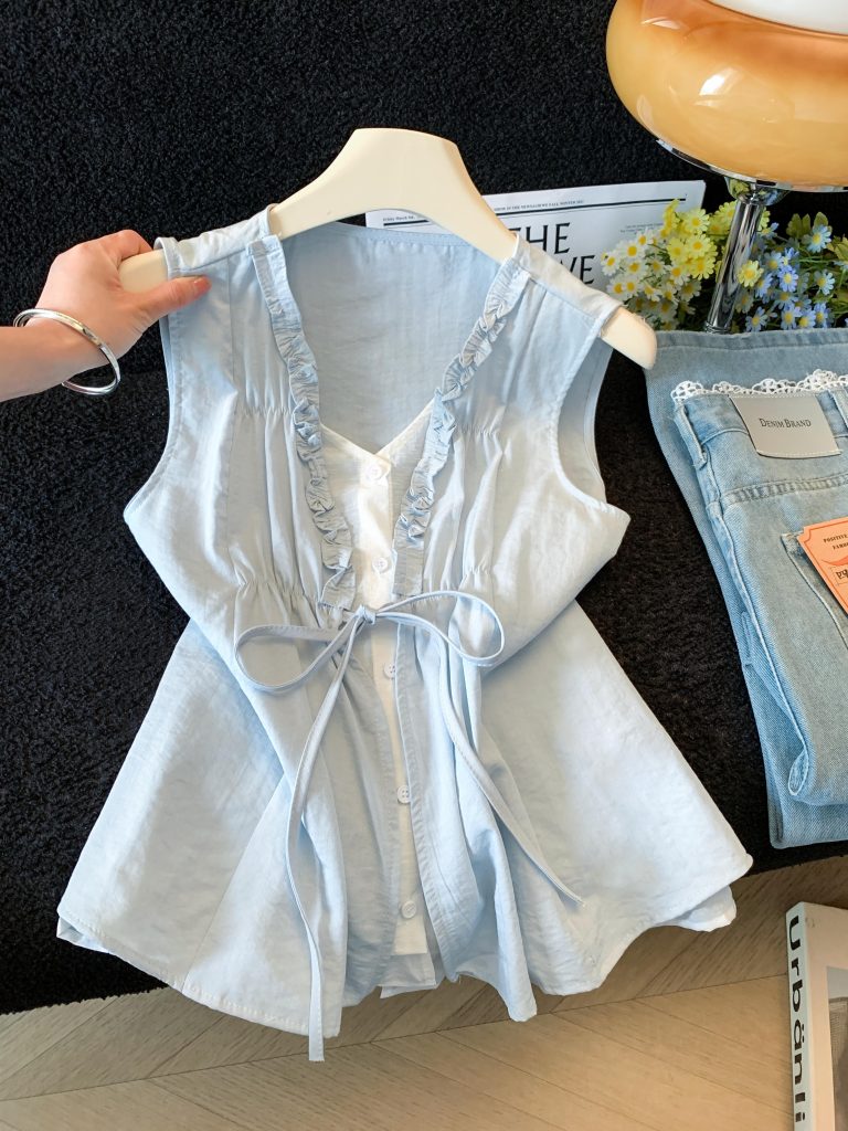 Korean Style Layered Ruffle V-Neck Sleeveless Shirt for Women Summer French Chic Cute Doll Top