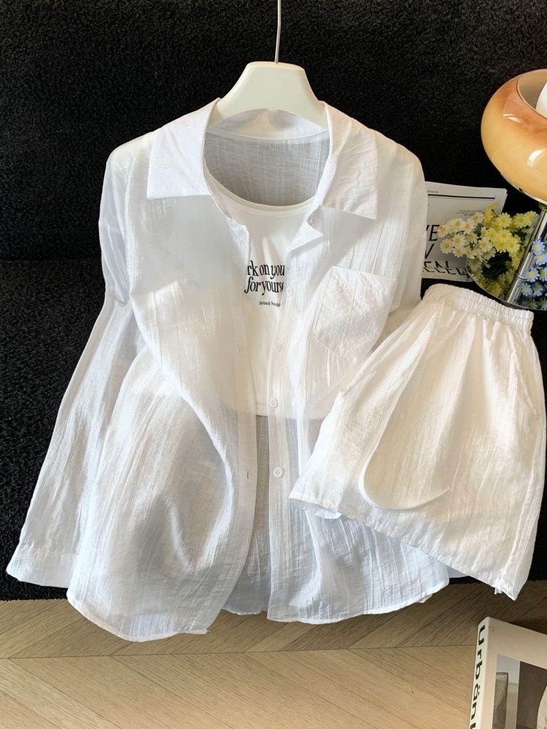 Women's 3-Piece Summer Korean Lazy Sun Protection Long Sleeve Shirt Vest Shorts Set - Style f4856a