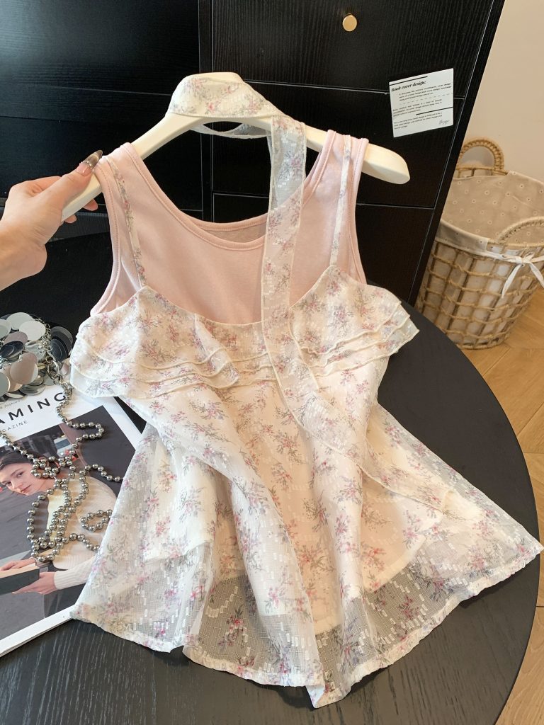 Vacation Style U-Neck Ruffle Floral Cami Top Women Summer Fresh Slimming Sleeveless Two-Piece Set
