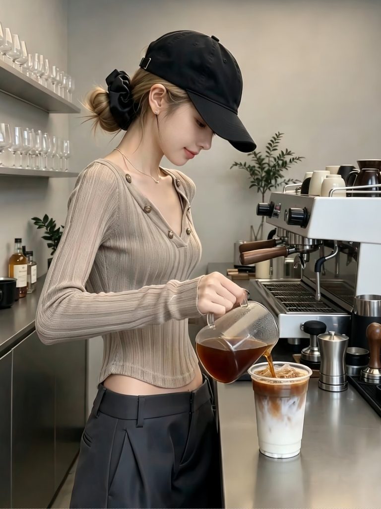 Khaki V-Neck Slim Fit Long Sleeve Knit Top for Women 2026 Fall Cropped
