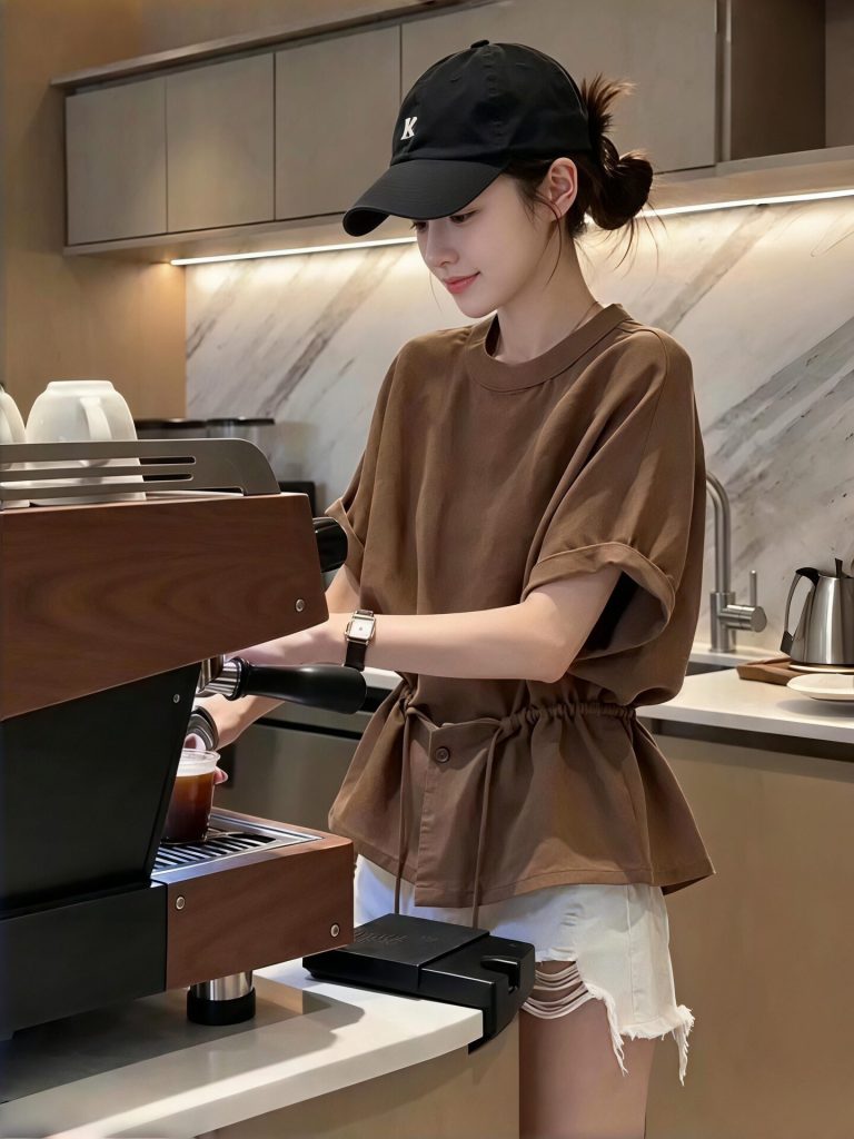 Coffee Brown Drawstring Waist Short Sleeve Shirt for Women 2026 Summer High-End Minimalist Top