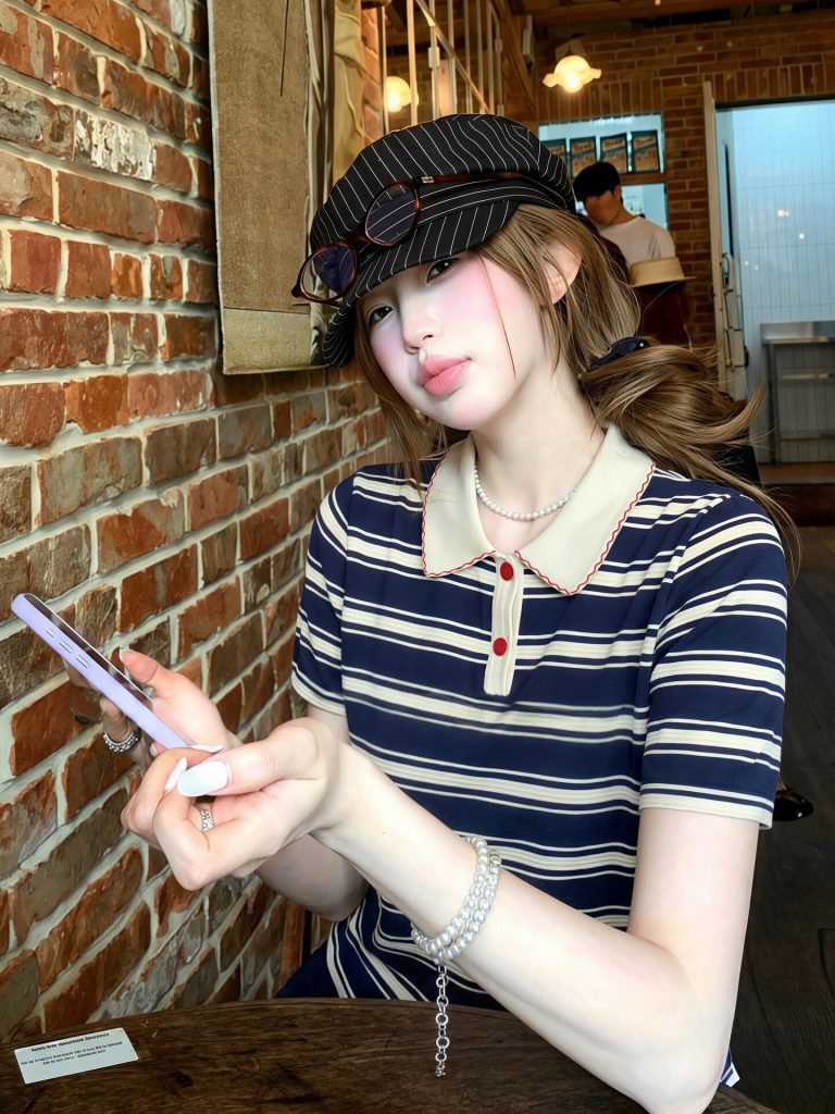 Navy Striped Polo Shirt Short Sleeve Women's T-Shirt Summer 2026 New Korean Design Top Old Money Style
