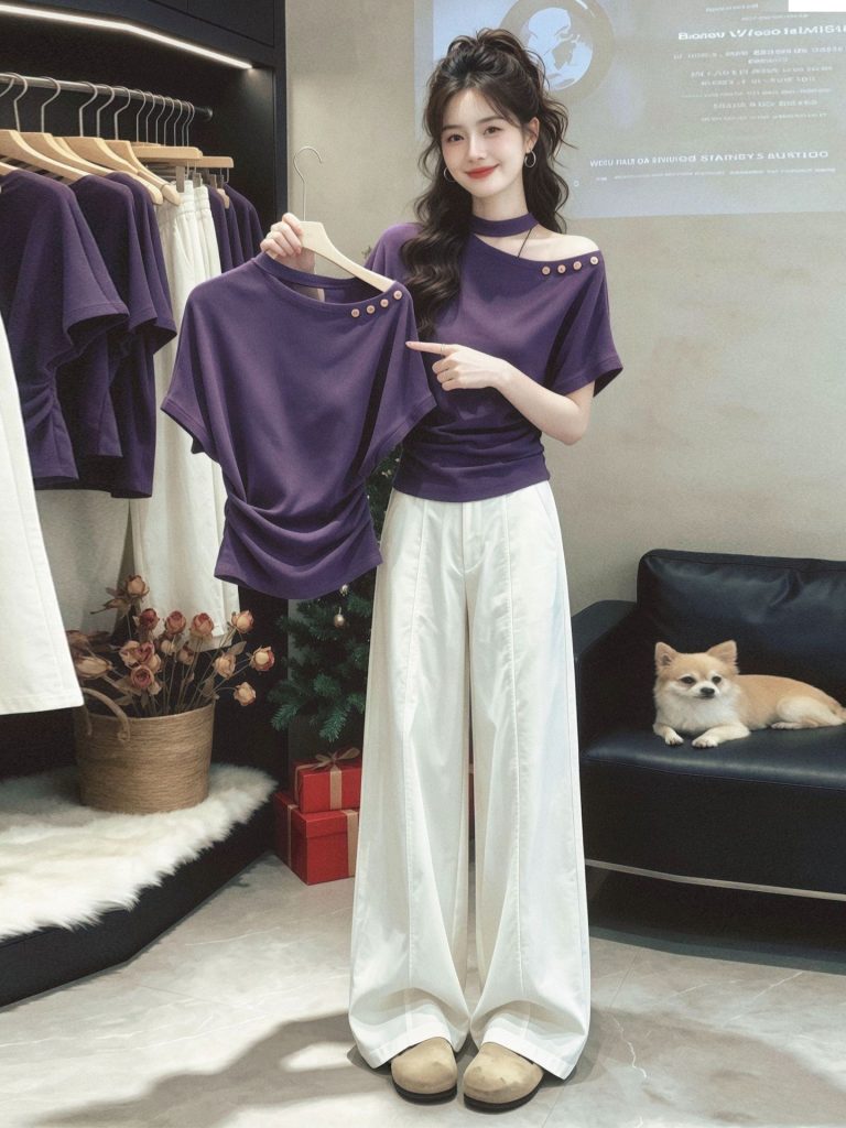 Women's Purple Halter One-Shoulder Twist Short-Sleeve T-Shirt Summer 2026 Slim-Fit Korean Style Top