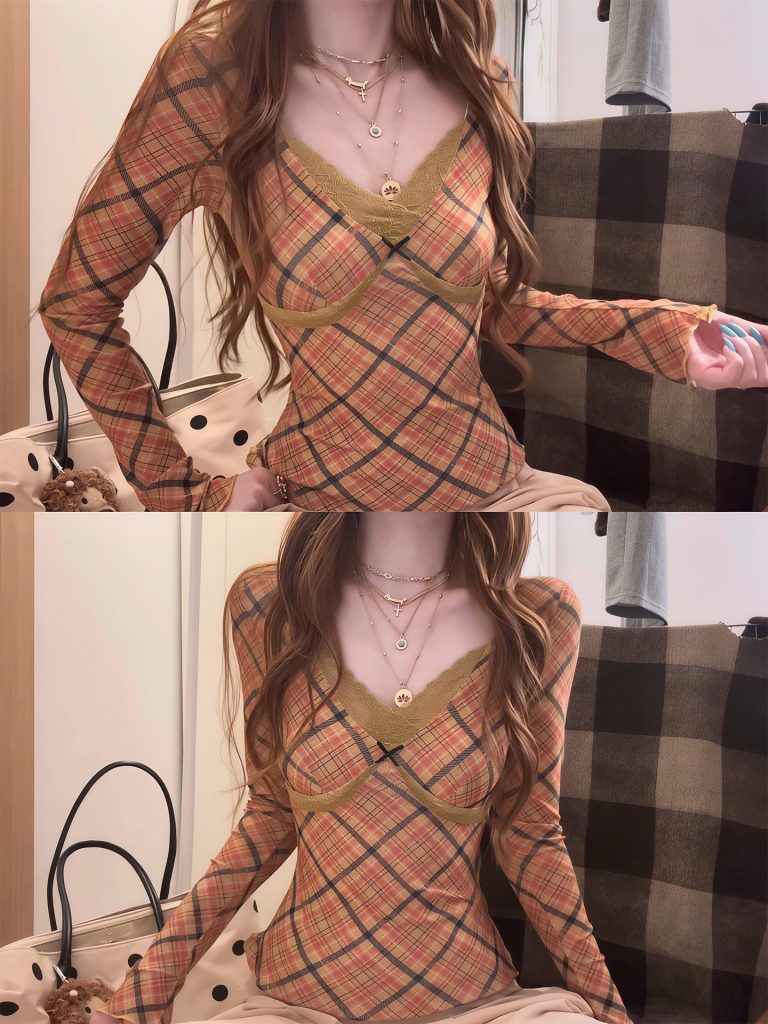 Korean Plaid Caramel V-Neck Long-Sleeve T-Shirt for Women Fall 2026 Slim Fit